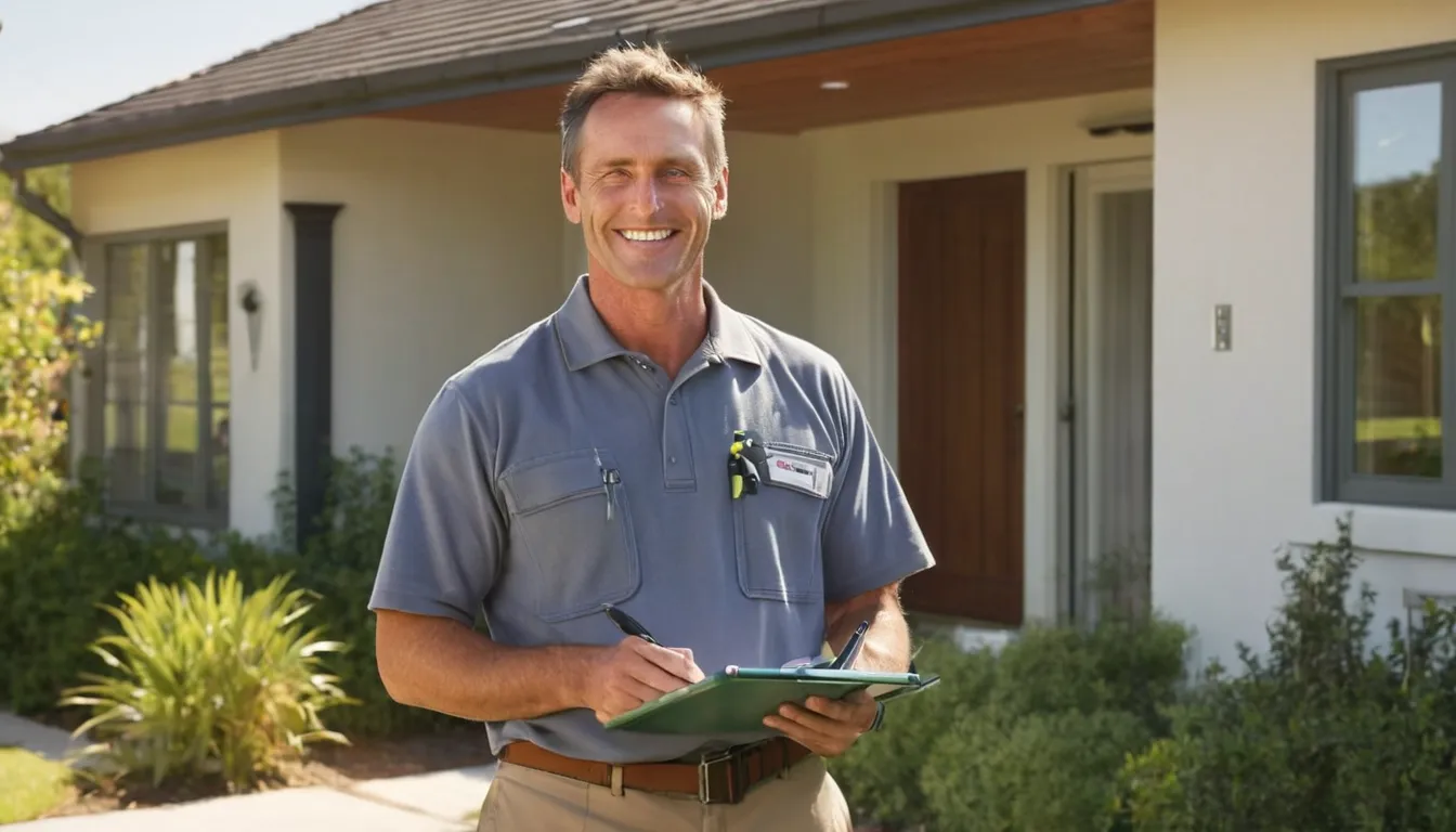 A friendly pest control provider talking with a homeowner at the front door of a house in Sunset Hills
