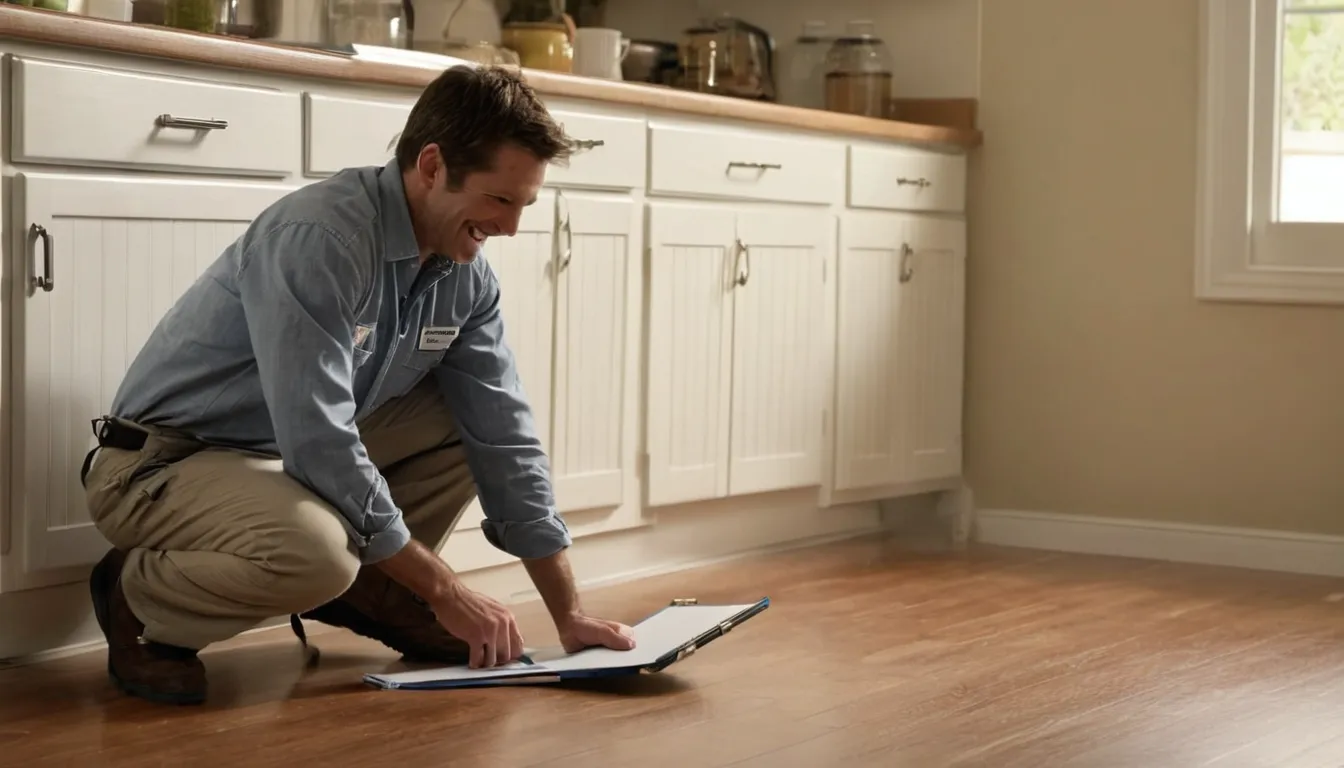 Friendly pest control provider inspecting a kitchen baseboard with a homeowner in Sunset Hills